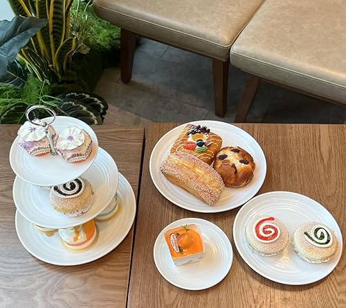 Miniatura 7 de Juego de 5 soportes para postres, 2 soportes pequeños de plástico blanco de 3 niveles para cupcakes y 3 bandejas rectangulares para servir fiestas,