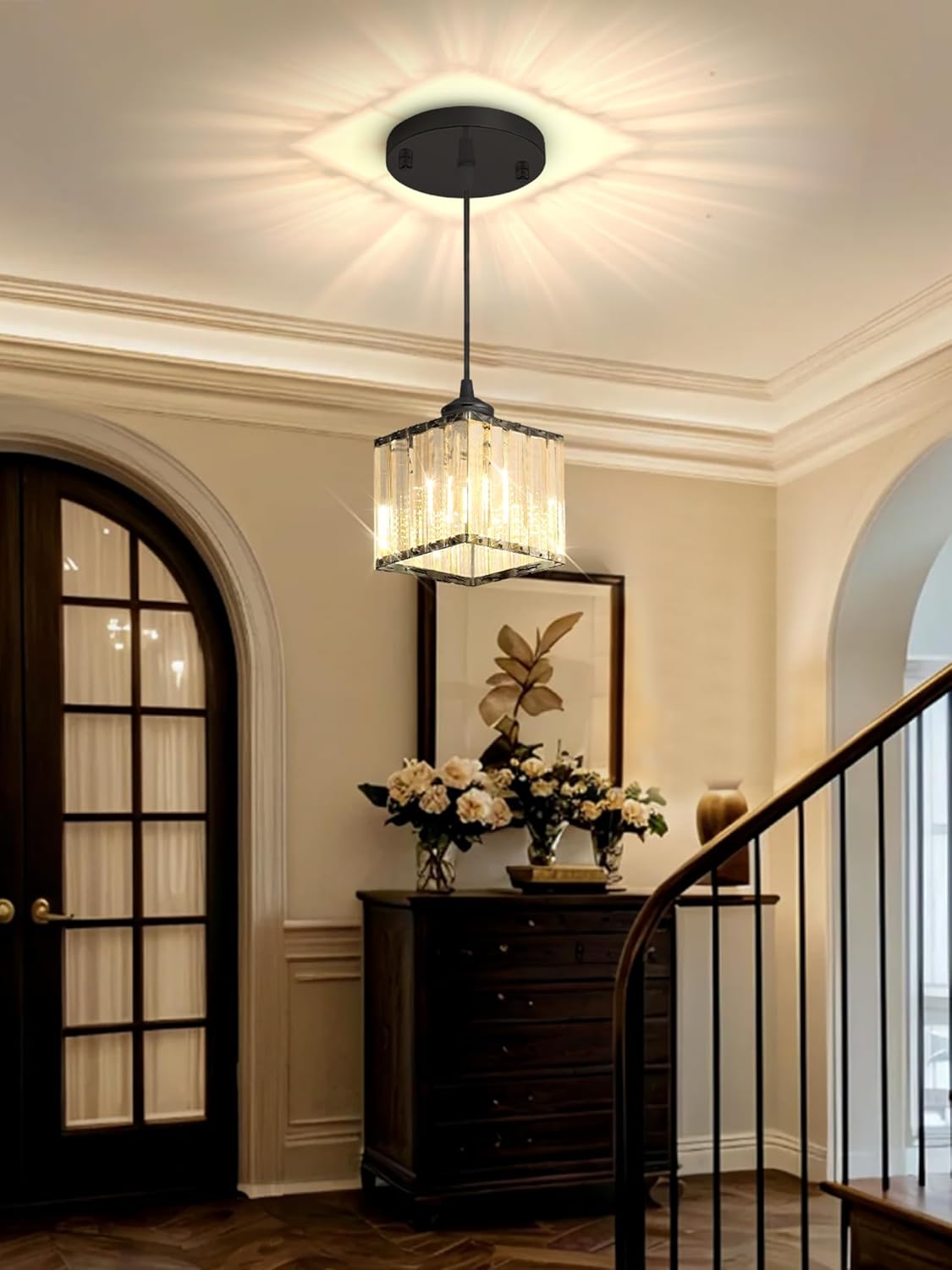 Crystal Pendant Light for Kitchen Island,Black Chandelier Lights Fixture, Square Hanging Lighting Ceiling Light Fixture Modern Adjustable Pendant Lighting for Dining Room Bedroom