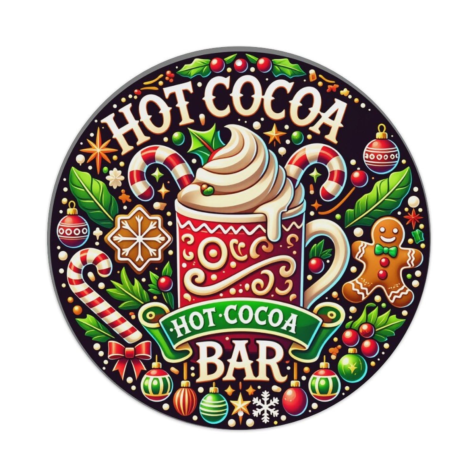 Hot Cocoa Bar Christmas Decor Round Tin Sign Vintage Metal Poster, Home Bar Garage Man Cave Cafe Indoor & Outdoor Wall Decoration 8x8Inches