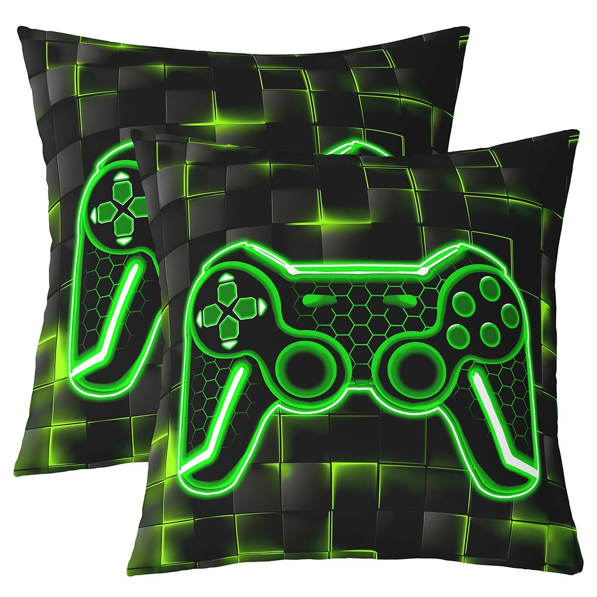 Homemissing Gamer Throw Pillow Covers 18"x18" Set of 2 Soft Green and Black Pillow Case Cushion Cover Decor Gaming Ombre Decorative Throw Pillowcase for Sofa Geometric Square Cushion Case