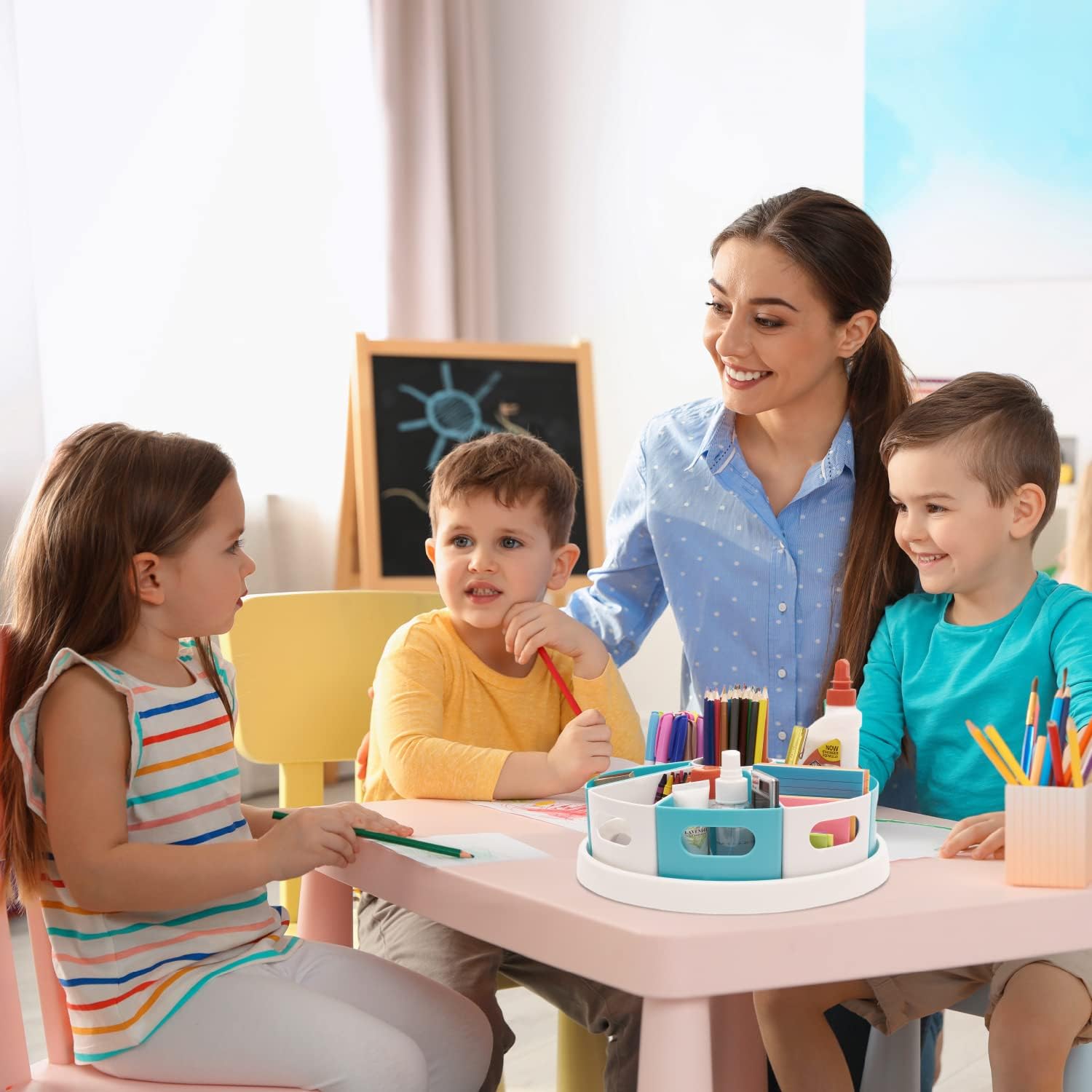 ECR4Kids Centro De Almacenamiento De Suministros De Mesa De Abedul, Organizador De Suministros Para Profesores Con Asas, Materiales De Aprendizaje Escolar, Organizador De Escritorio De Madera Duradera