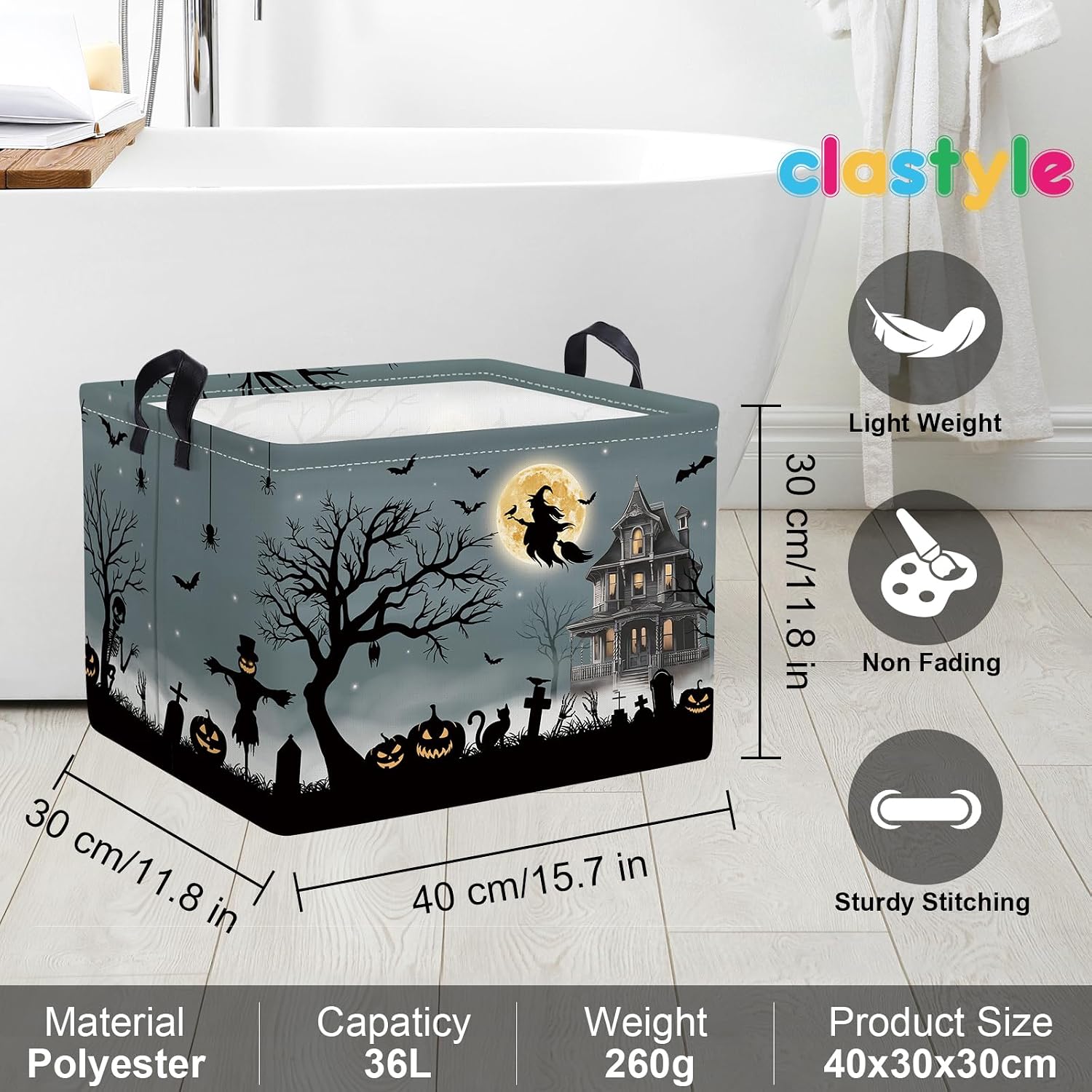 Clastyle Halloween Pumpkin Storage Basket Kid Spooky Book Gift Basket Empty Outdoor Graveyard Jack-o-lantern Boo Bin Baby Nursery Clothes Hamper Toy Box,Witch Bat,40 * 30 * 30 cm