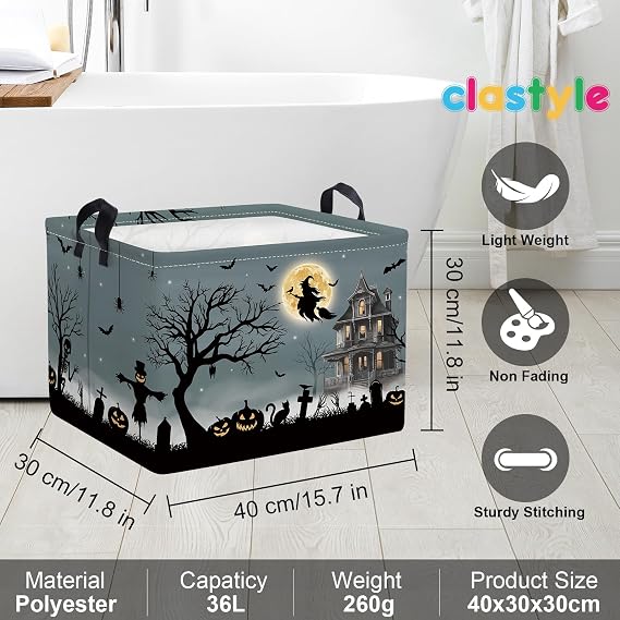 Clastyle Halloween Pumpkin Storage Basket Kid Spooky Book Gift Basket Empty Outdoor Graveyard Jack-o-lantern Boo Bin Baby Nursery Clothes Hamper Toy Box,Witch Bat,40 * 30 * 30 cm