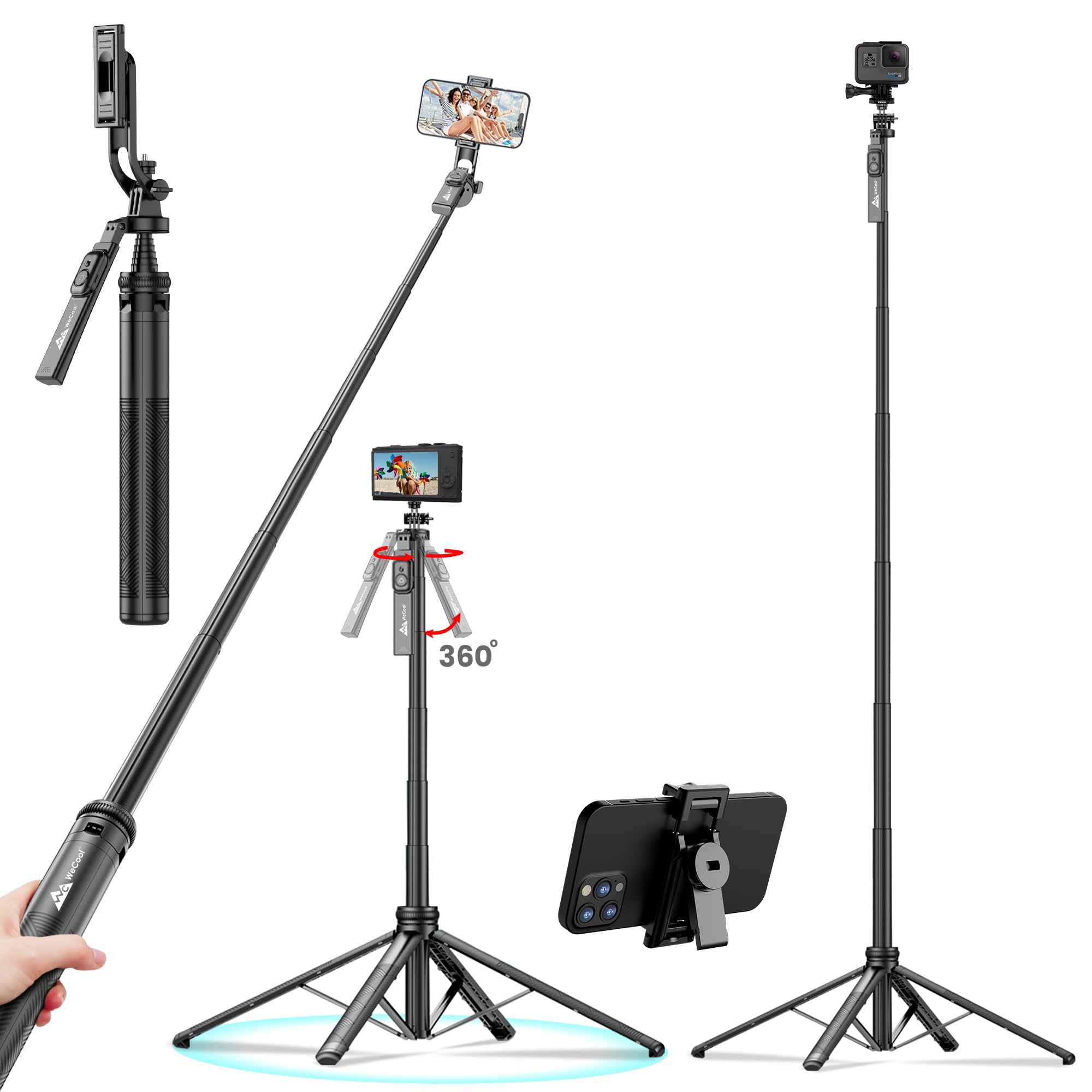 WeCool S7 Selfie Stick Tripod, 71" Extendable with Quad Stand, 360° Rotatable Handle, Detachable Bluetooth Remote, Phone Tripod for Vlogging, YouTube, Travel, iPhone, Android