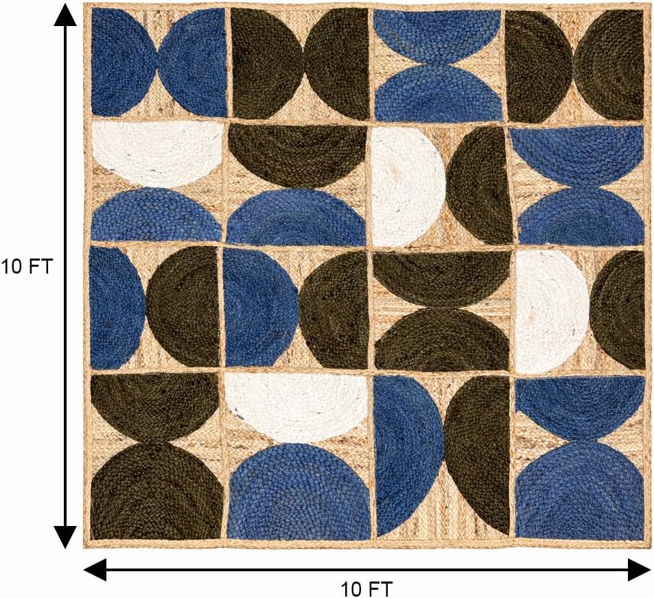 Heavy Material Handmade Jute Area Rug Natural Jute Kilim Rug 10x18 Thick 0.27" Geometric Blue & White Half-Moon Rugs for Living Room, Kids Room, Indoor Outdoor Carpet