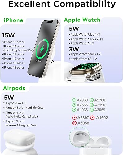 Miniatura 8 de Estación de carga inalámbrica magnética 2025, soporte de cargador ultrarrápido de 15 W para iPhone 17, 16, 15, 14, 13, 12 Pro Max, 5 W para Apple