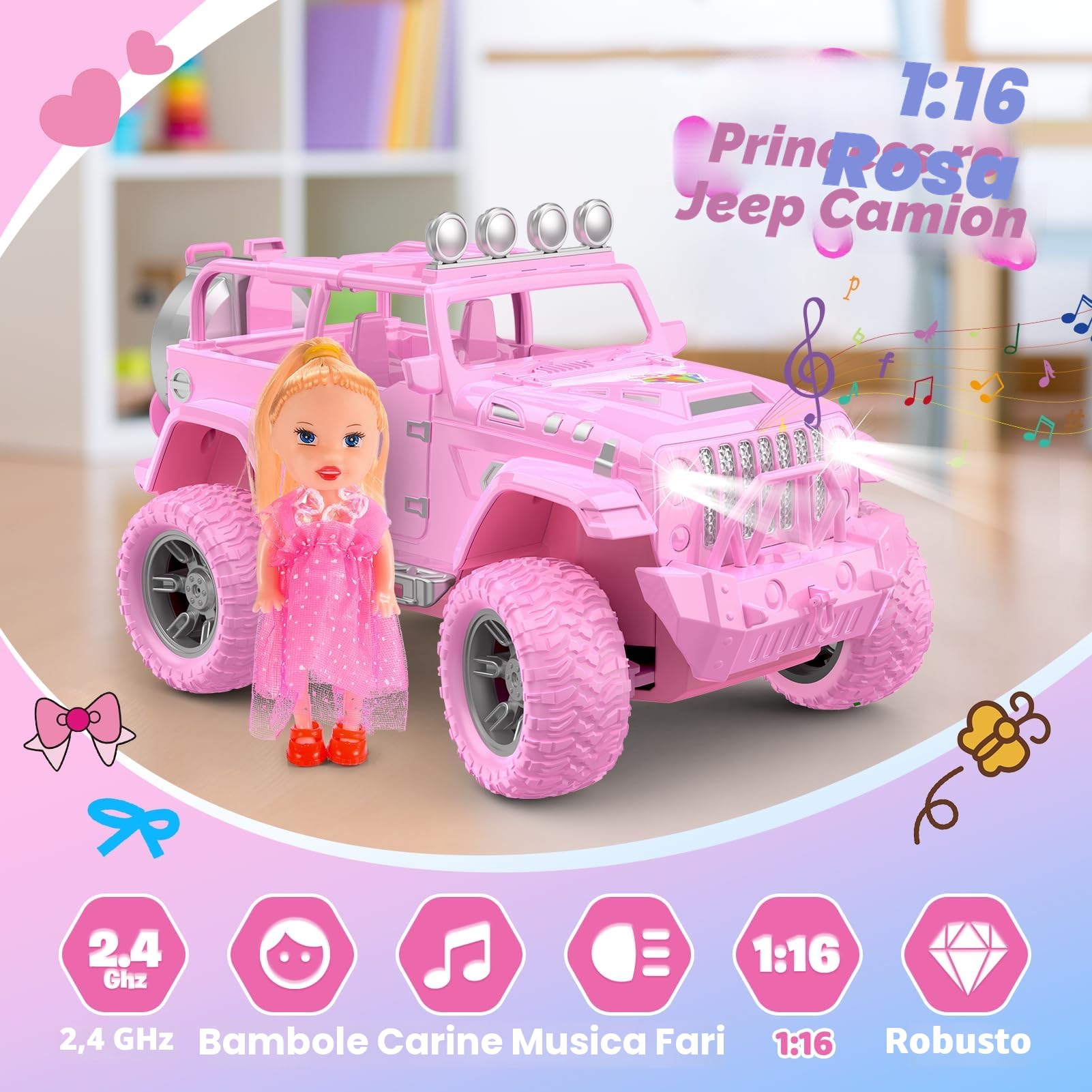 HappyGoLucky Macchina Telecomandata per Bambini con Bambola, Giochi Bmbina 3-10 Anni, Regalo Bambina, Auto Telecomandato 4x4 Jeep SUV Truck
