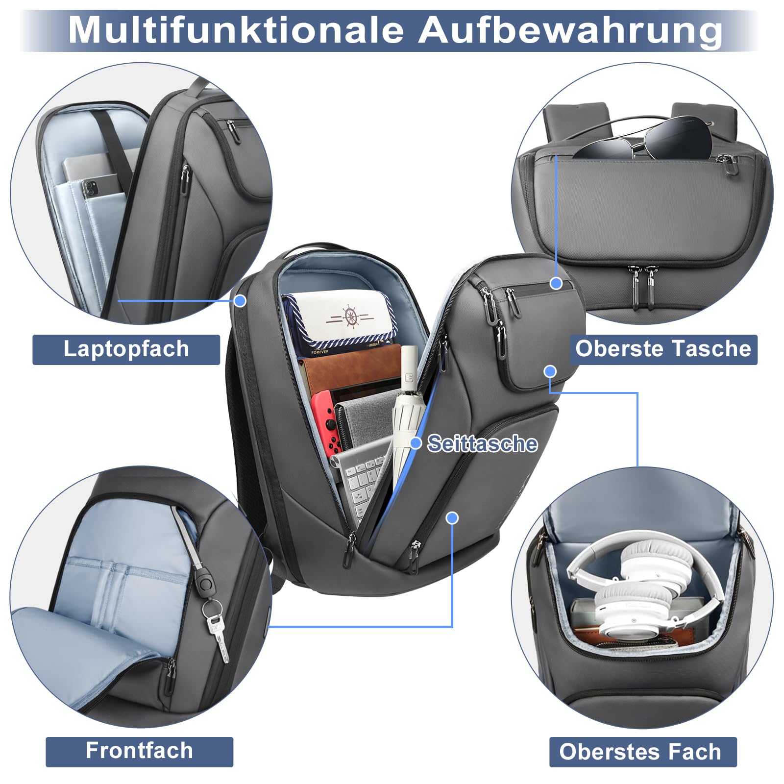 Herren Rucksack,17,3 Zoll Laptop Business Rucksack-Dunkelgrau | Wasserabweisender Kabinenrucksack mit USB-Anschluss, zugelassen als Bordgepäck, ideal für Arbeit, Geschäftsreisen & Ausflüge