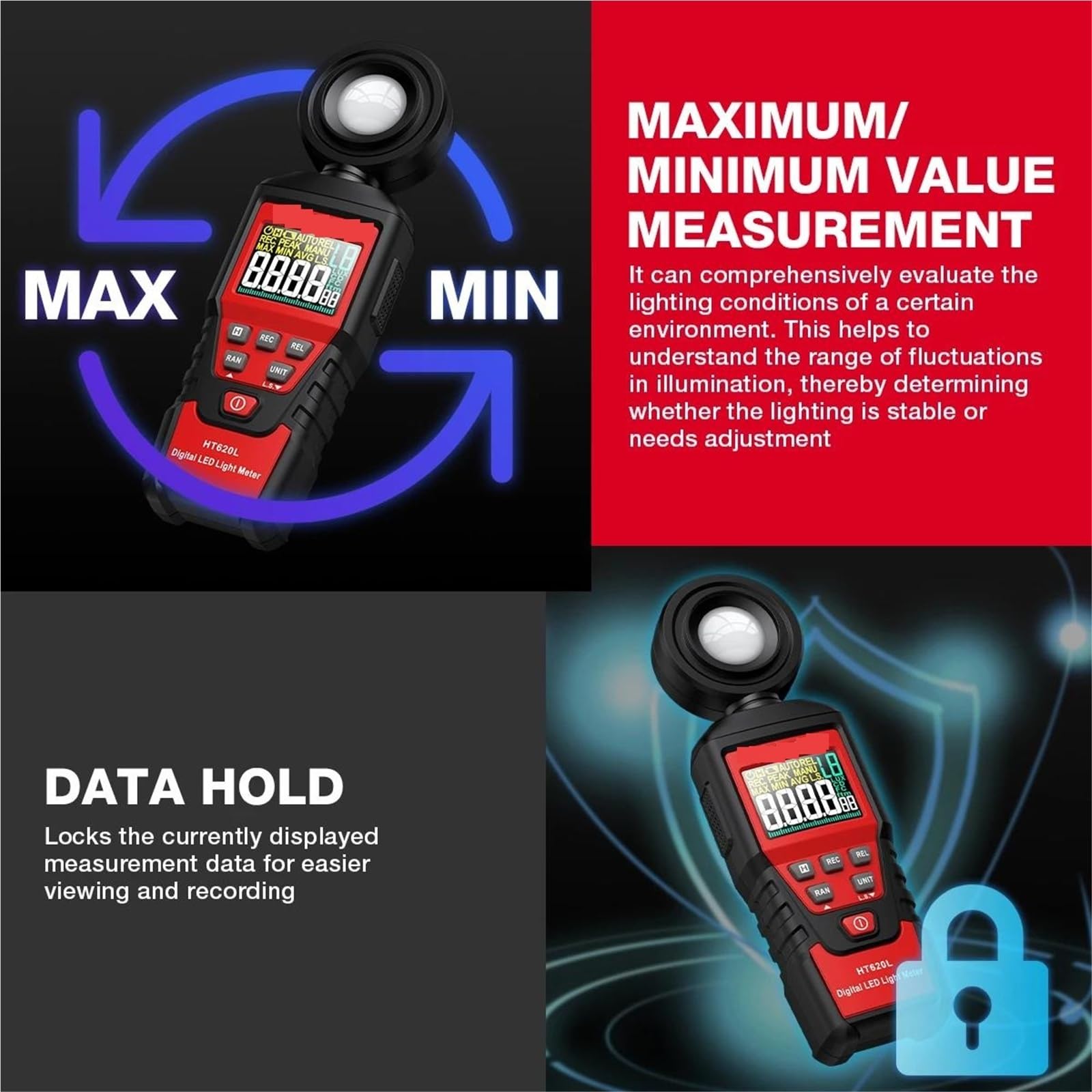 Esposimetri, Misuratore di luce illuminamento digitale temperatura ambiente portatile con portata fino a 200.000 Lux Luxmetro(HT620L)