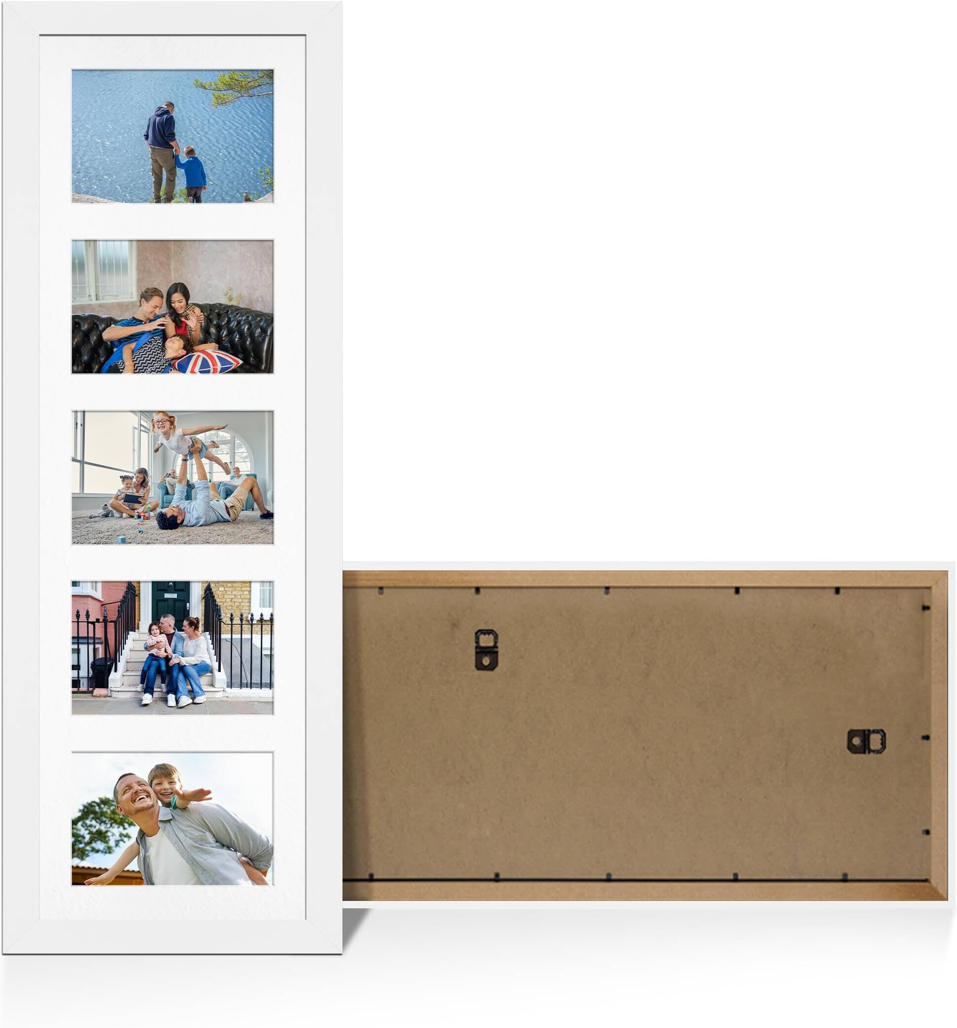 Alison Kingsgate White 26x8 Photo frames for multiple pictures -5 Apertures Collage Frame with White Mount - Holds (5x) 6x4 Photos - Engineered Wood & Perspex