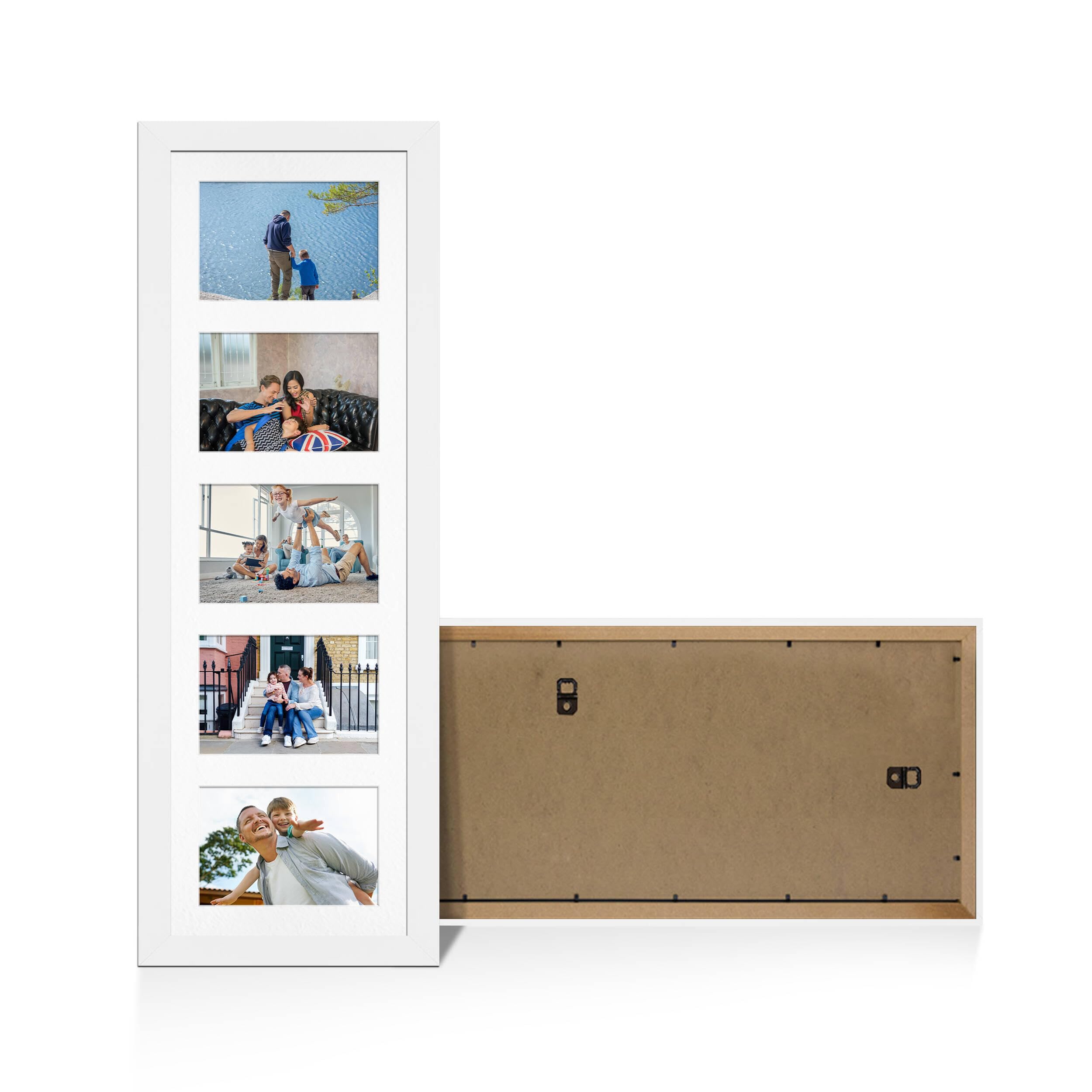 Alison Kingsgate White 26x8 Photo frames for multiple pictures -5 Apertures Collage Frame with White Mount - Holds (5x) 6x4 Photos - Engineered Wood & Perspex