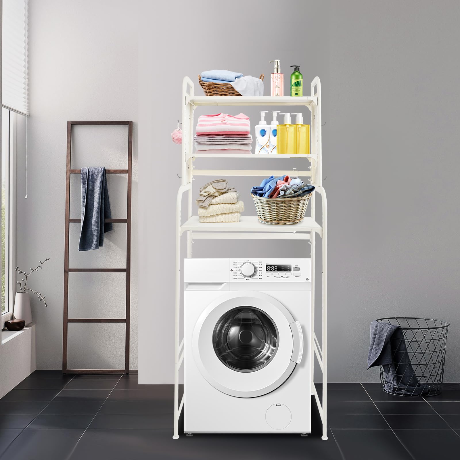 Scaffale per lavatrice a 3 ripiani, lunghezza 54-81 cm, organizer sopra il WC, con ganci e tappetini antiscivolo (bianco)