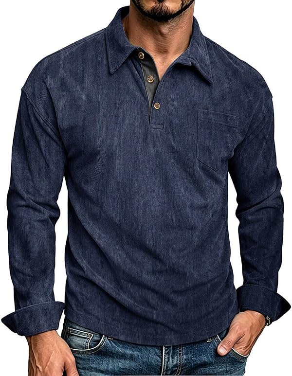 Camisa polo de pana para hombre, manga larga, cuello solapa