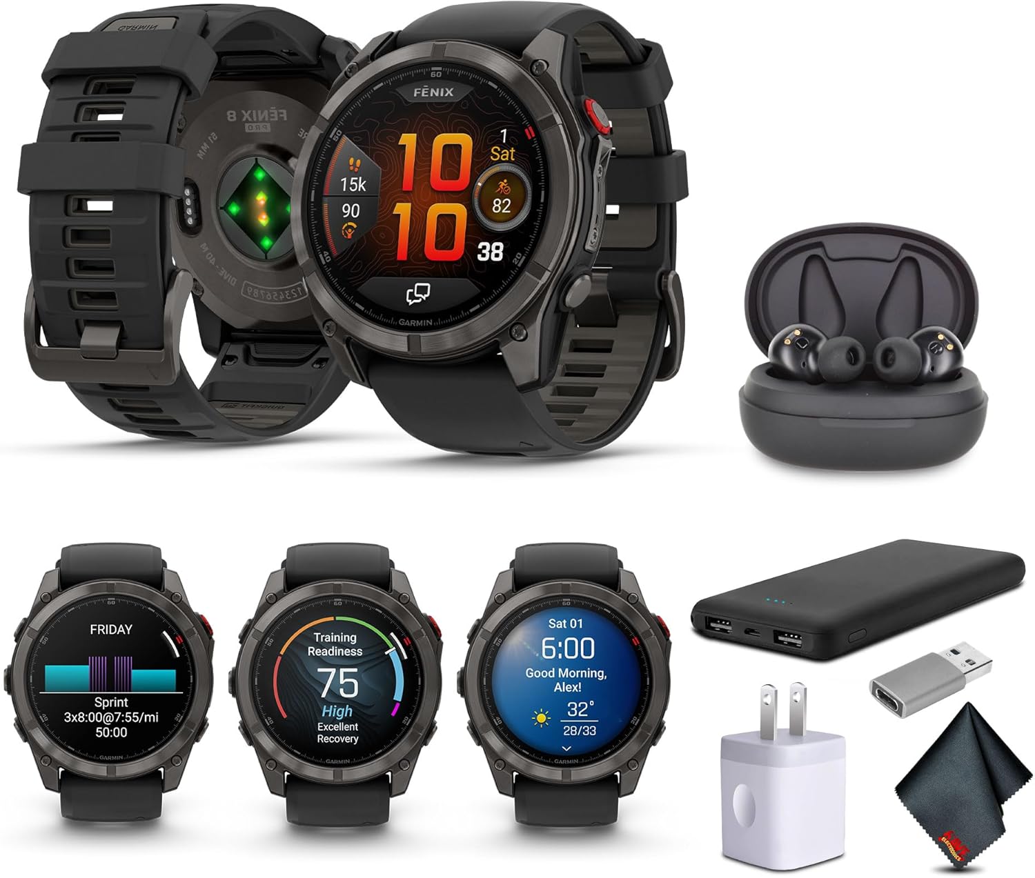 Garmin Fenix 8 Pro 51mm, AMOLED Display, inReach Technology, Premium Connected Multisport Fitness Tracker GPS Smartwatch, Sapphire Carbon Gray DLC Titanium with Black/Pebble Gray Silicone Band Bundle