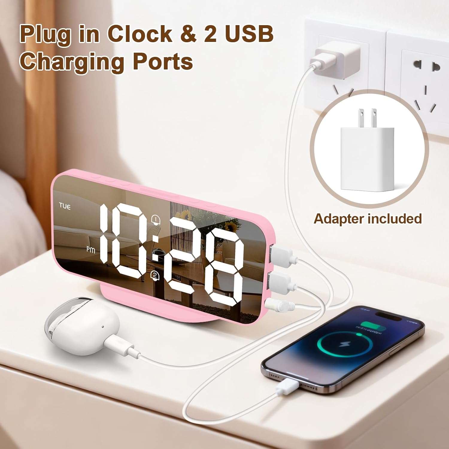 ALANAS AL004 Digital Alarm Clock with two USB charging ports in use.