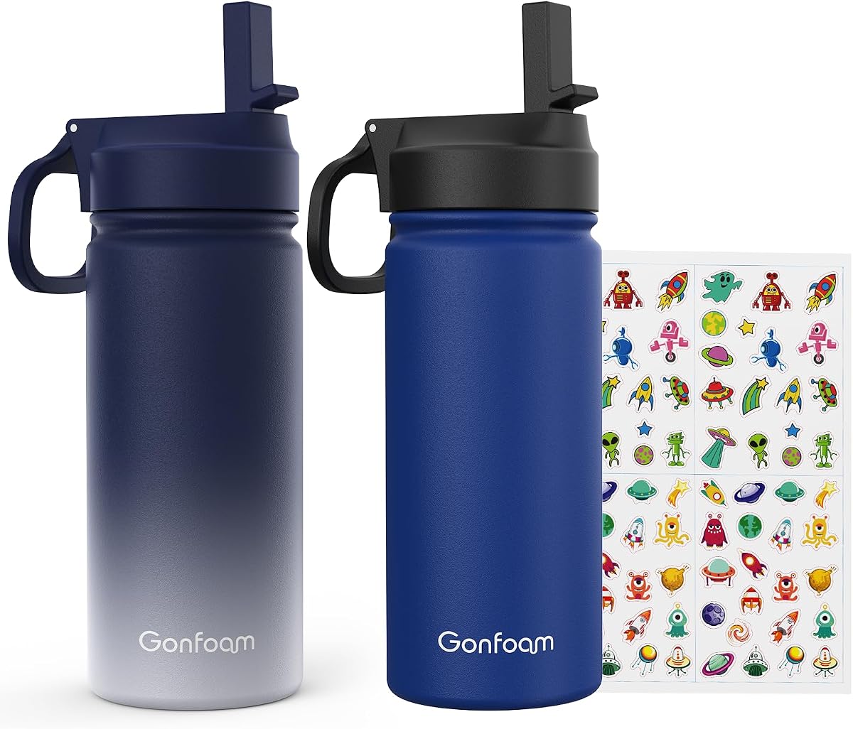 Botella de agua para niños Gonfoam de 16 oz, paquete de 2 tazas aisladas de acero inoxidable | Pegatinas de bricolaje, sin BPA, a prueba de fugas, resistentes, mantiene el frío las 24 horas, fáciles de transportar, fáciles de limpiar, regreso a clases, regalos