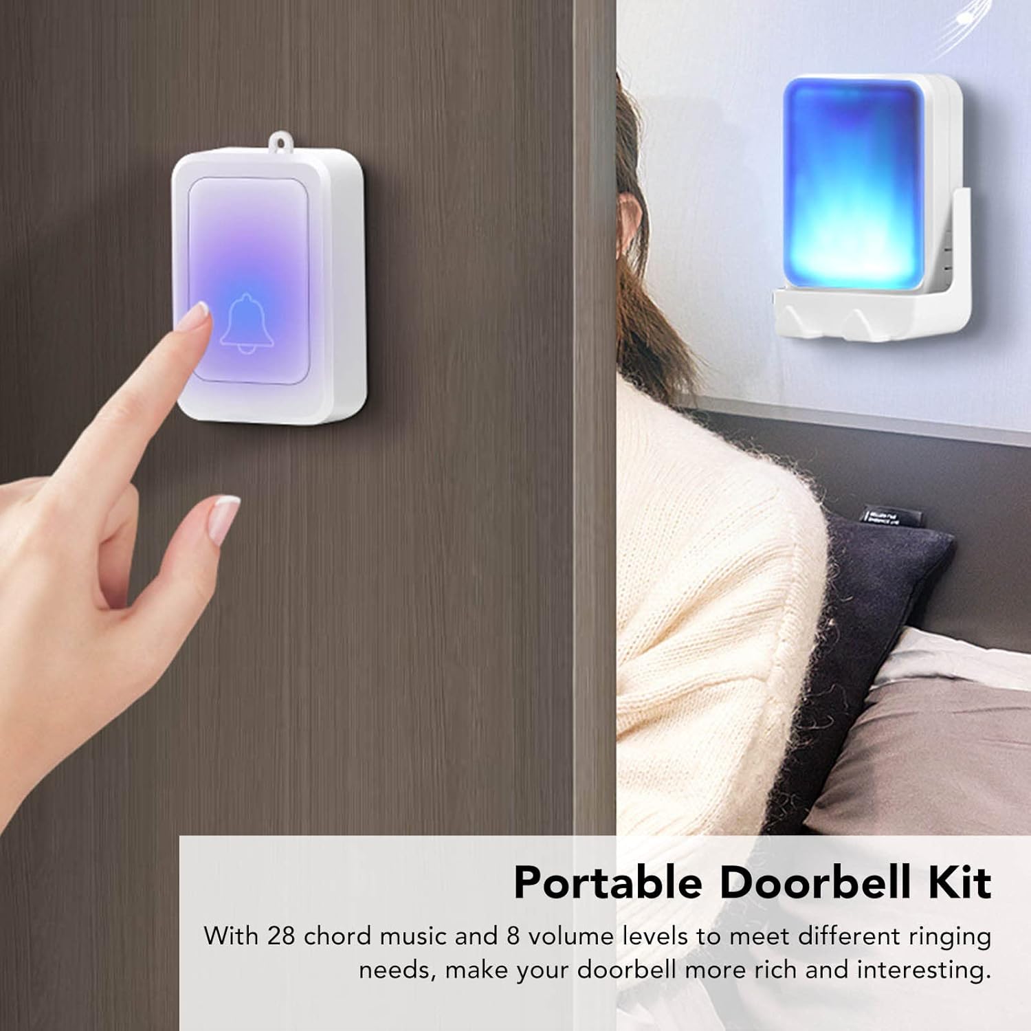 Naroote Wireless Doorbell, Multiple Ringtones Door Bells for Homes Mini Doorbell 102 x 67 x 30mm with LED Flashing Light for Home, Apartments, Classrooms