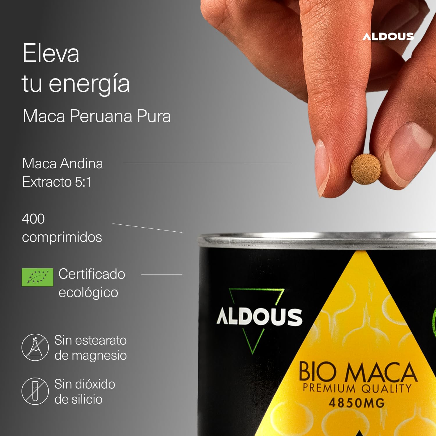 Extracto de BIO Maca Peruana Pura - Máxima Dosis 4850mg - 400 Comprimidos - Altamente Concentrada - Maca pura para 100 días - Aumenta Energía Vitalidad - Certificación Bio - ALDOUS
