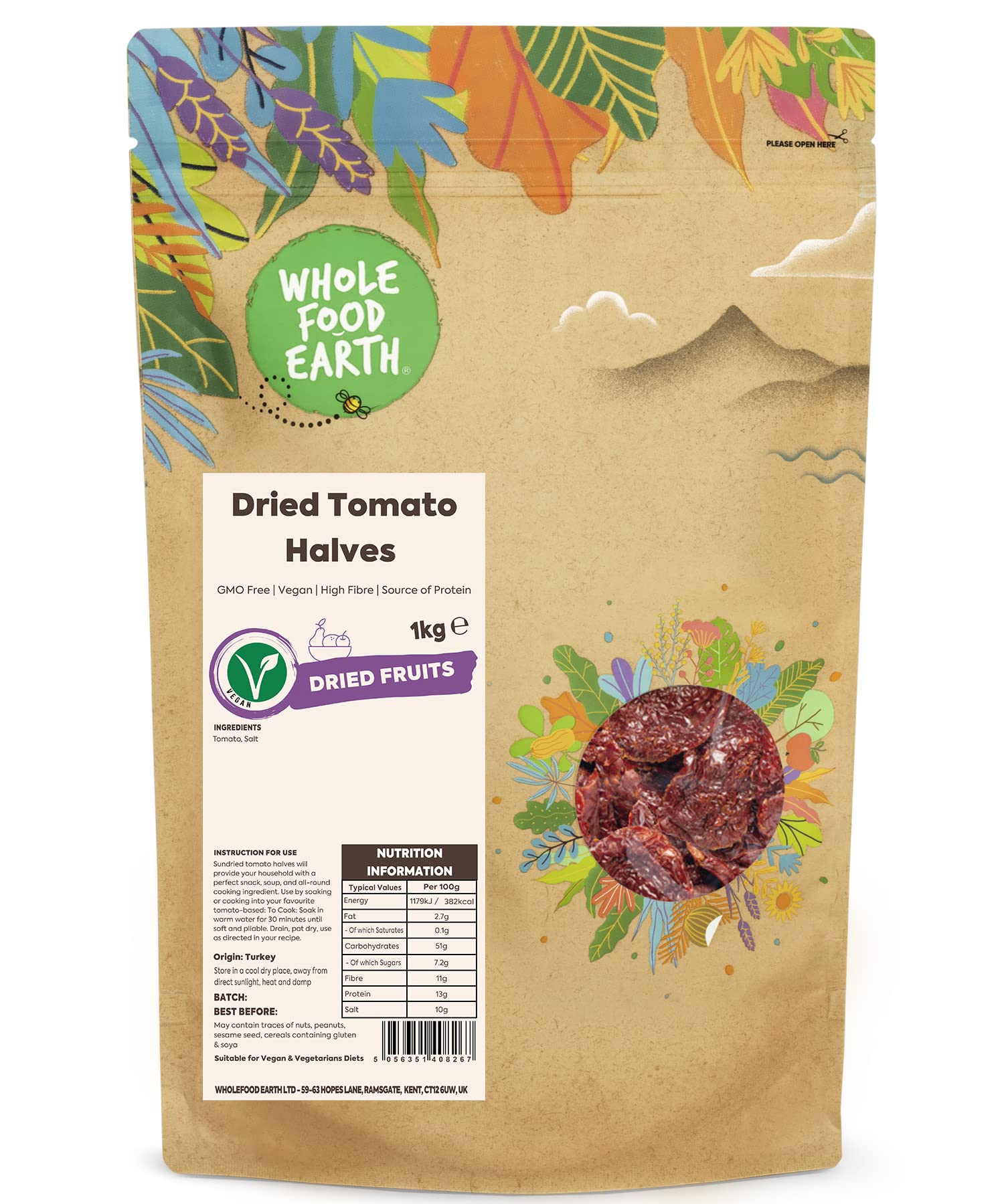 Wholefood Earth Dried Tomato Halves 1 kg | GMO Free | High Fibre | Source of Protein