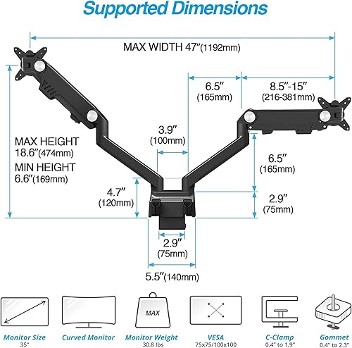 Miniatura 2 de AVLT Soporte de escritorio con brazo de monitor dual de 13 a 35 pulgadas para dos monitores planoscurvos, altura de movimiento completo, rotación de