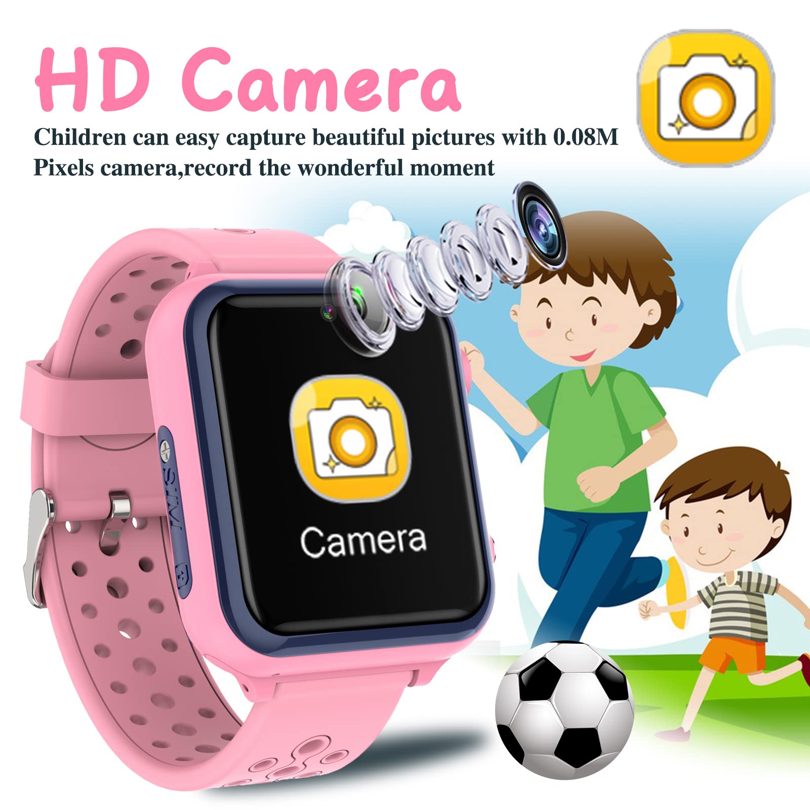 Smartwatch Kinder, Spiele, Telefon für Mädchen und Jungen (Pink)
