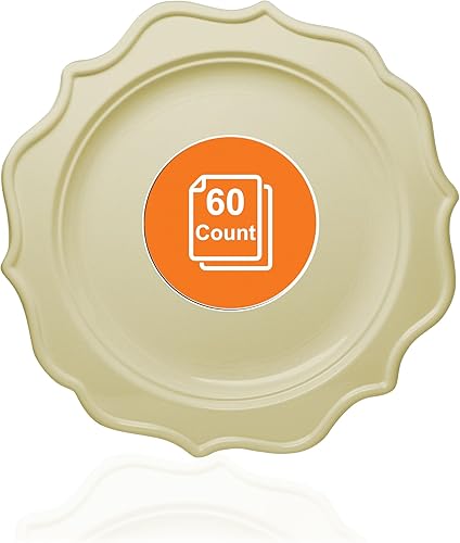 Vista 9 de Tiger Chef Juego de 60 platos redondos de plástico desechables con borde festoneado de color, incluye 60 platos llanos, plástico duro, sin BPA