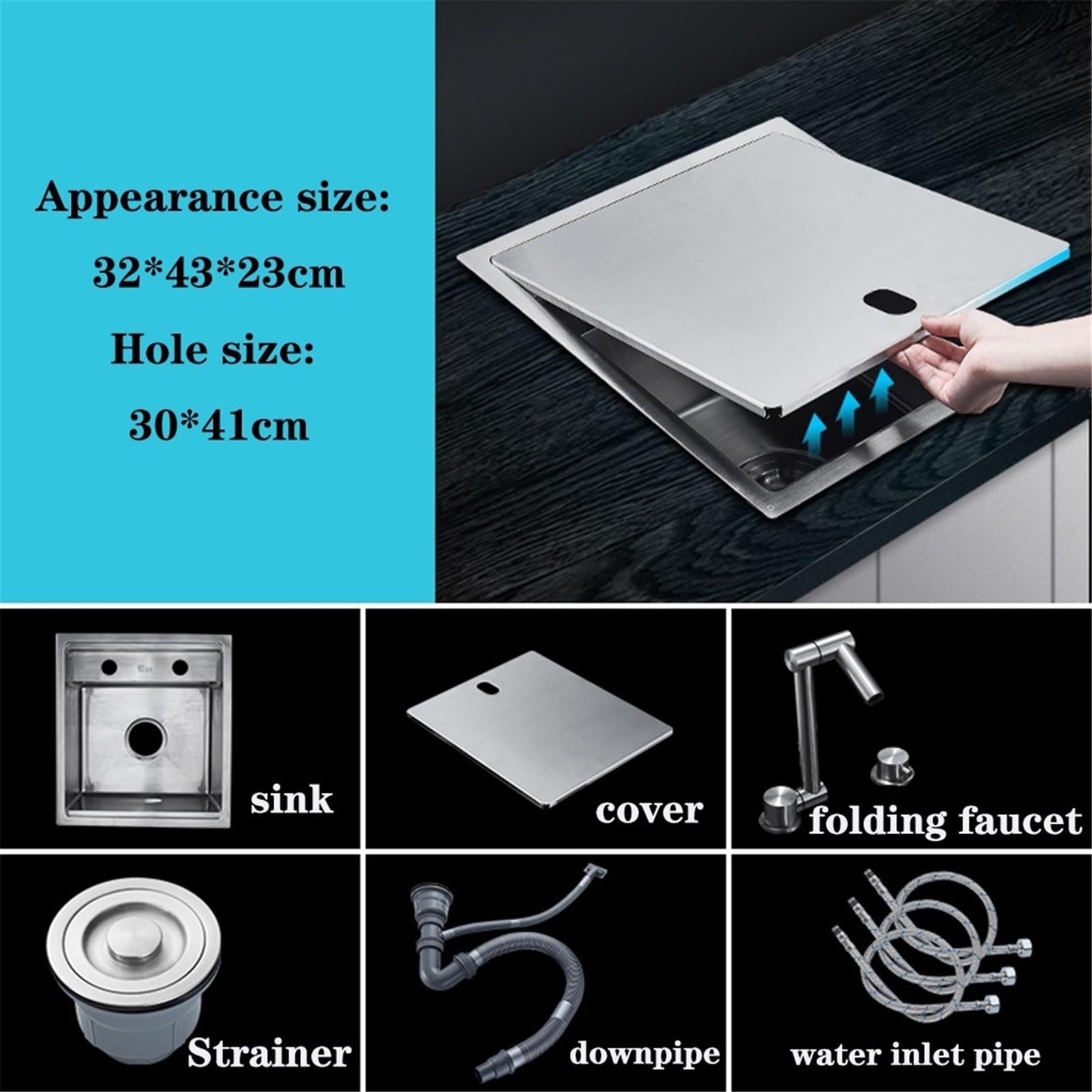 Lavello a Scomparsa per Camper con Coperchio, Mini sifone da Cucina in Acciaio Inox, Rubinetto e Scarico, dispensa salvaspazio per Piccoli Ambienti (32 * 43 23 cm)