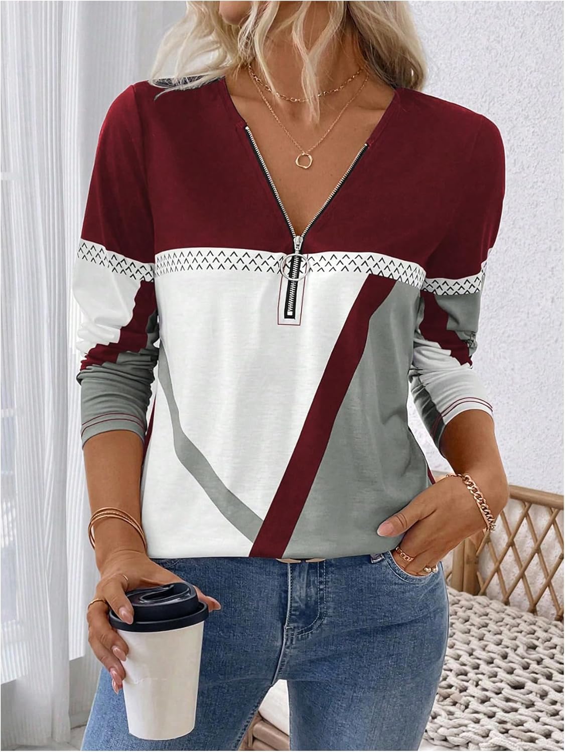 SOLY HUX Women's Color Block T Shirt Half Zip V Neck Long Sleeve Tee Casual Tops - Image 4