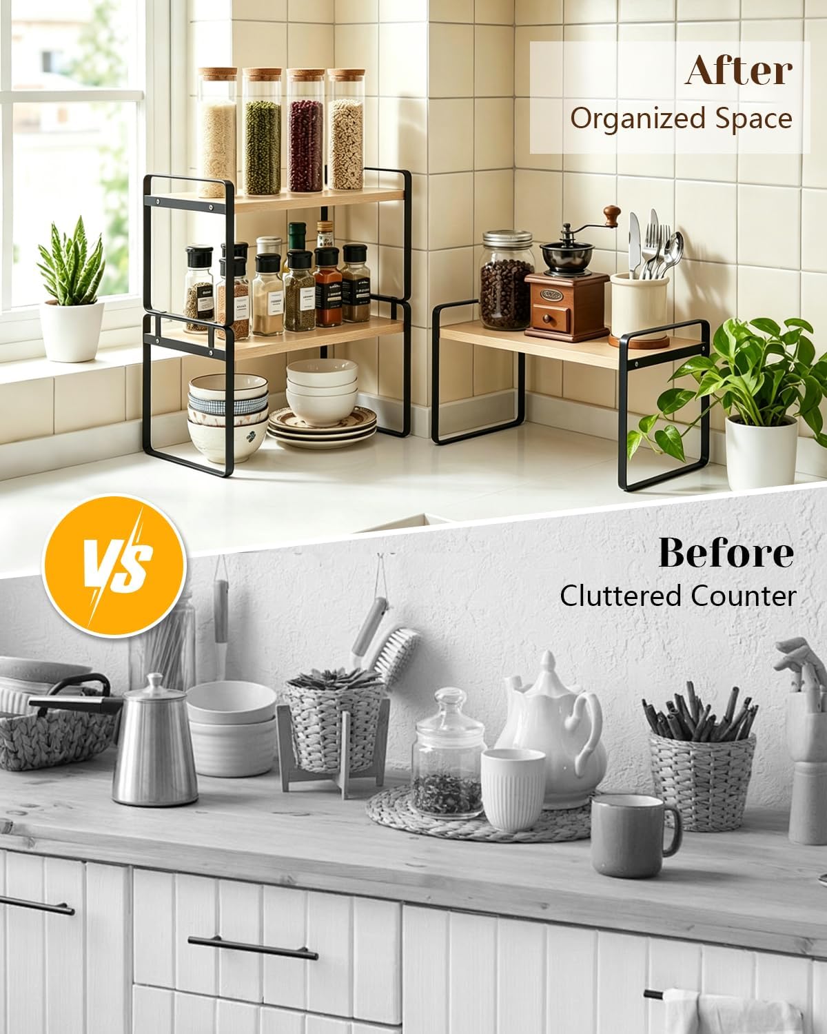 Kitchen Cabinet Organizer Shelf, Sturdy Kitchen Counter Shelves with Metal Legs, Stackable Expandable Wood Spice Rack Pantry Cupboard Dish Mug Cup Storage Organizer Shelf (Black + Natural Wood)