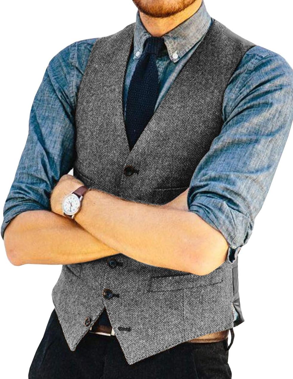 Jiaoyunshi Men's Tweed Suit Vest Casual Wool V Neck Herringbone Vintage Business Waistcoat for Wedding Groomsmen