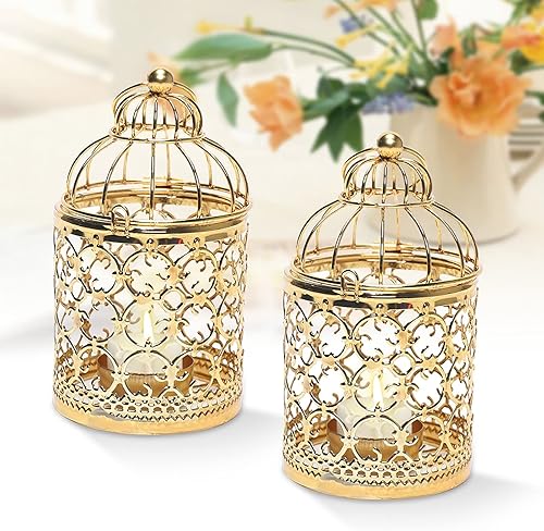 Linterna colgante de jaula de pájaro pequeña de metal, centros de mesa decorativos vintage de boda y fiesta, oro de Navidad