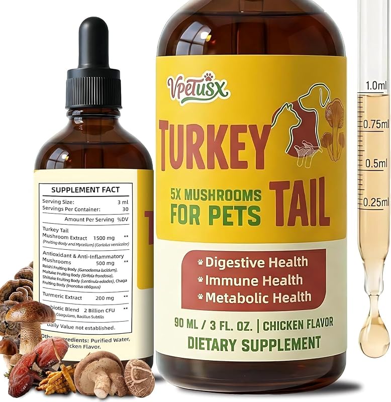 Suplemento líquido para cães com cogumelos, cúrcuma e probióticos VPETUSX, sabor frango, 90 mL