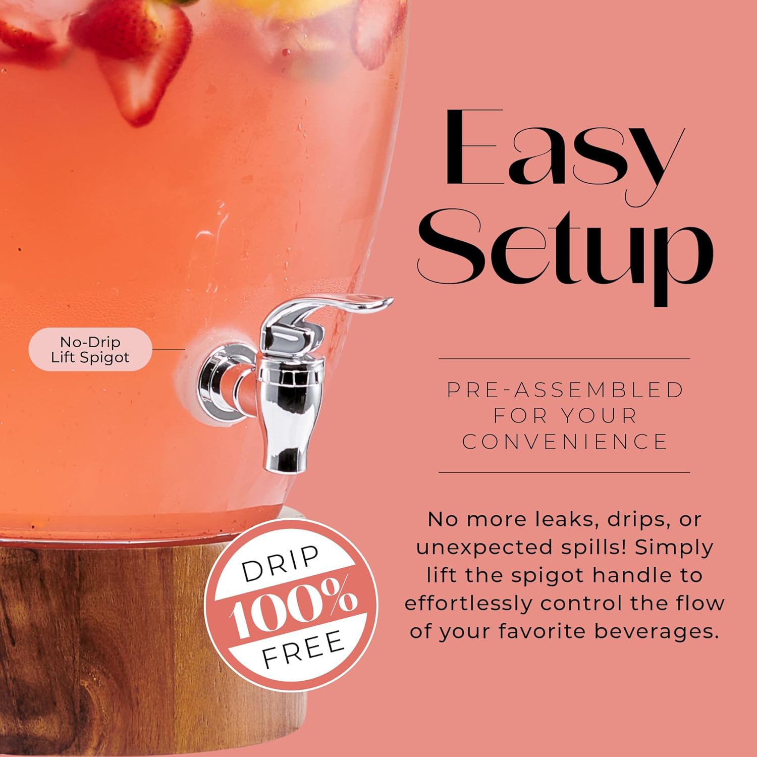 American Atelier Madera Beverage Dispenser Cold Drink Dispenser w/ 3-Gallon Capacity Glass Jug, Leak-Proof Acrylic Spigot in Gorgeous Gift Box Great for Parties, Weddings & More - Image 6