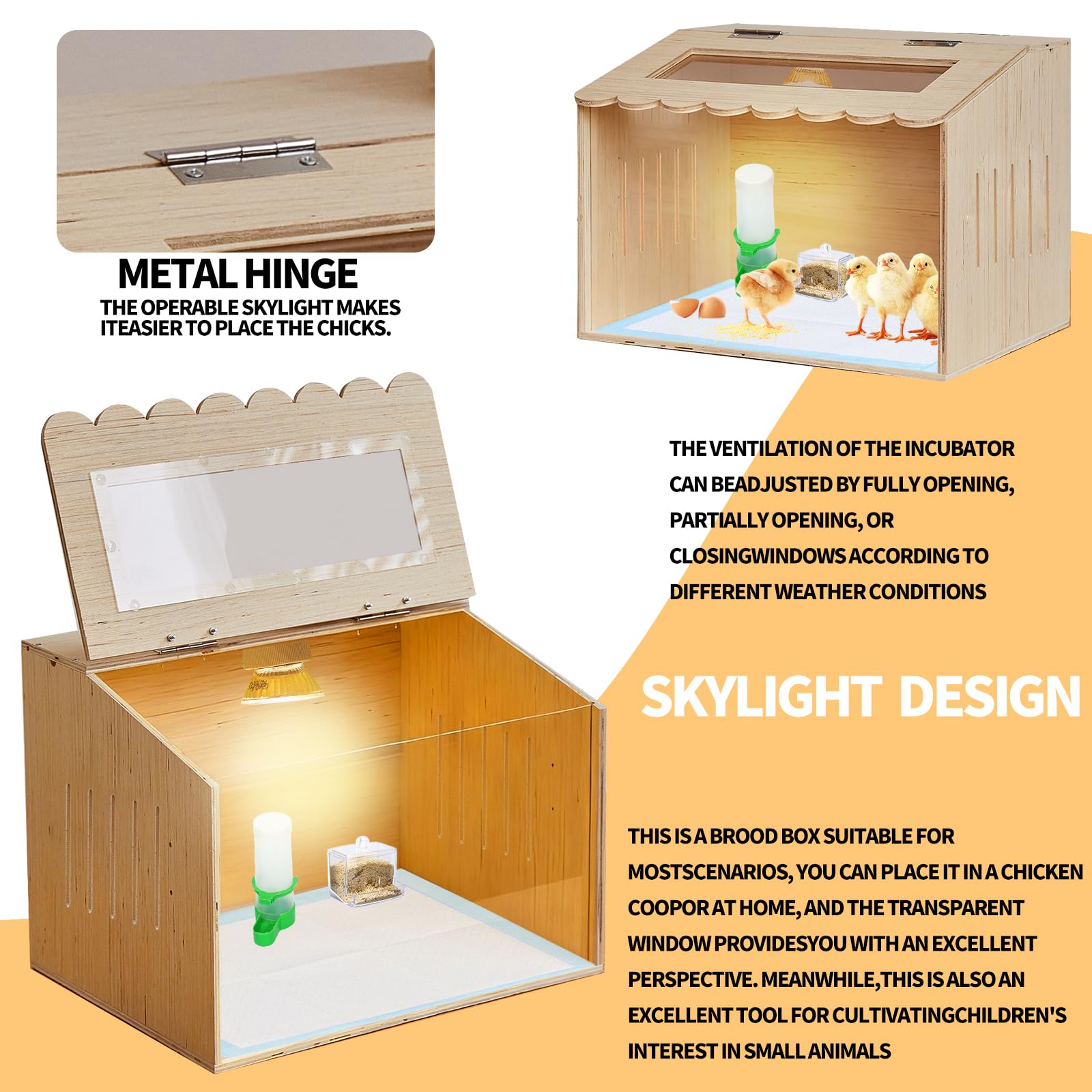 Kit de caja de madera para criar pollos con lámpara de calefacción, termómetro, alimentadores de alimentos y agua, 15.7 x 11.8 x 11.8 pulgadas, juego completo de guardería para mascotas pequeñas con