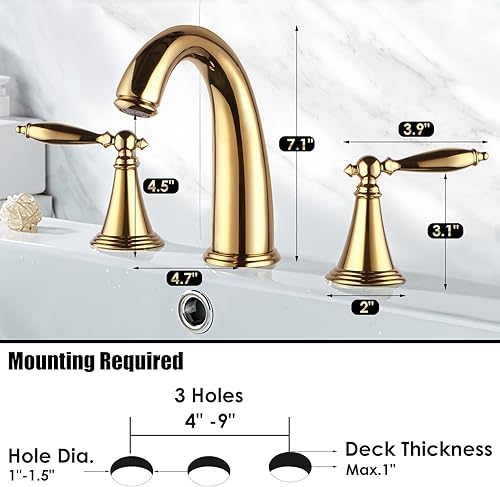 Miniatura 2 de Grifos de baño para fregadero de 3 agujeros, grifo de baño de 2 manijas, Juego de grifos de baño de latón extendido, grifo de baño, grifo de lavabo