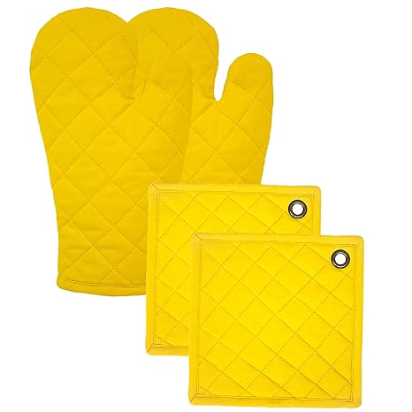Skanda Fab Plain Kitchen Oven Glove Organic Cotton Oven Mitts with Pot Holder Heat Resistant Free Size (Pack of 4, Each 2 Piece) Mustard Yellow OS