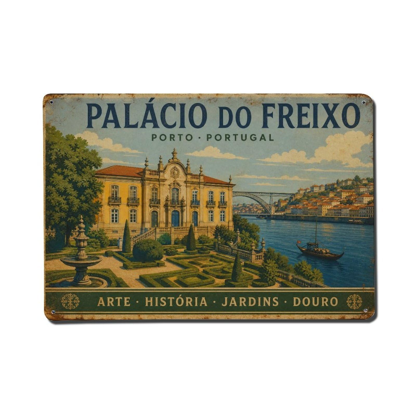 Vintage Travel Palacio Freixo Gardens Riverside Baroque Metal Tin Sign