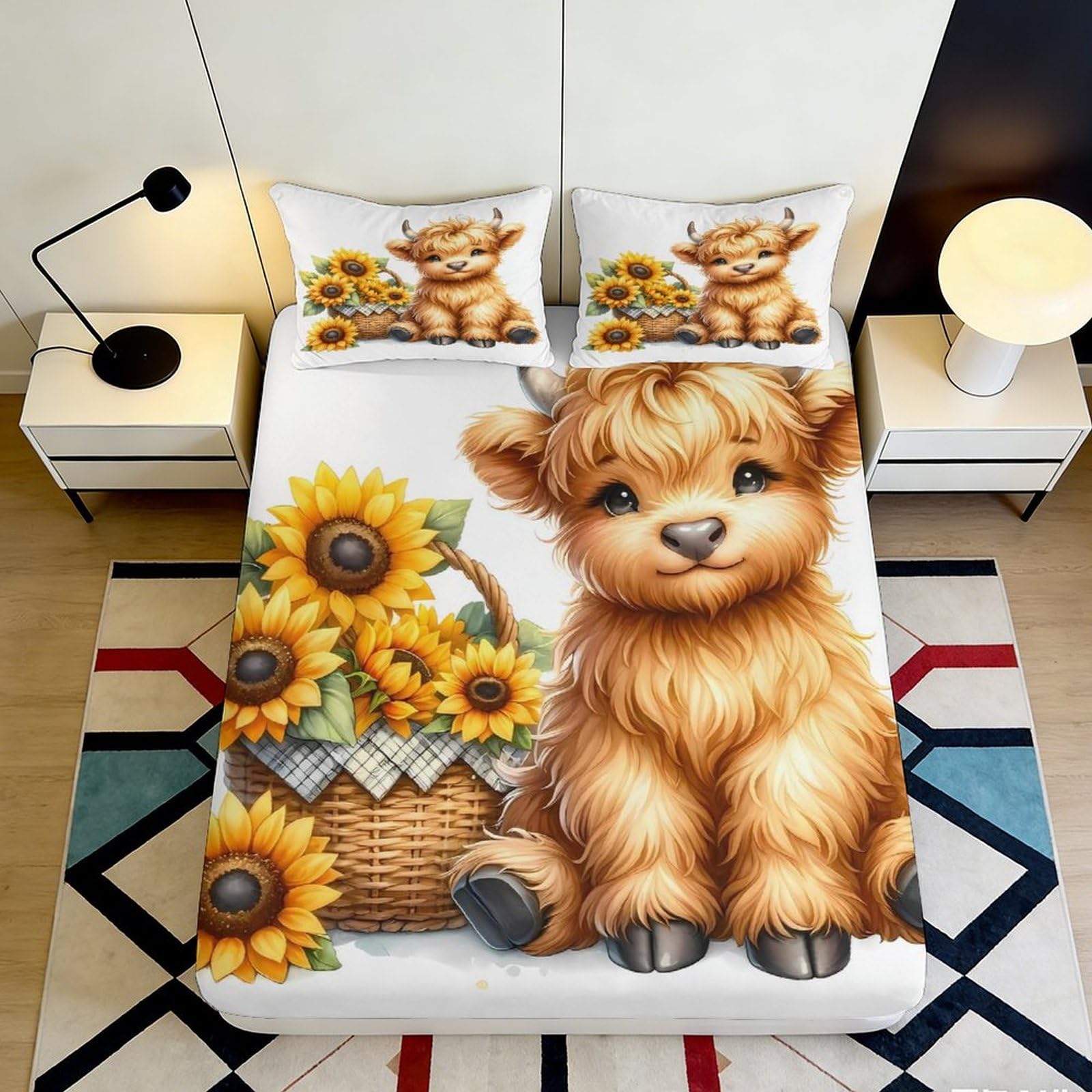 3D Printed Highland Cow Sunflower Fitted Sheet Microfiber Soft Non Slip Bed Cover for Bedroom Dorm Mattress Decor 160x200x25cm