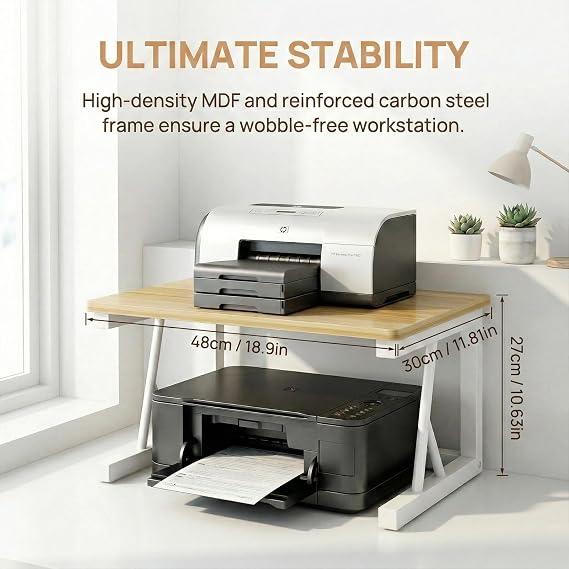 Metal Wood Desktop Printer Stand,2 Tier Printer Stand with Storage Multi-purpose Printer Table,Office Storage Shelves for Printer & Fax,Space Saving,Compact Desk Organizer for Kitchen Worktop Storage