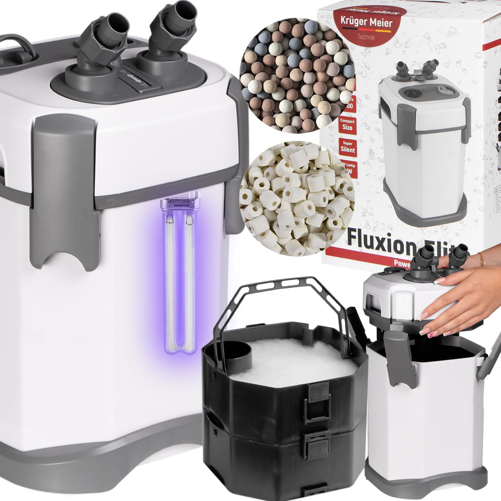 Fluxion Elite 1000 UVC PRO Außenfilter für Aquarium 80–180L, mit 7W UV-Klärer, 2 Filterkörben, regulierbarem Durchfluss, leiser Aquarienfilter