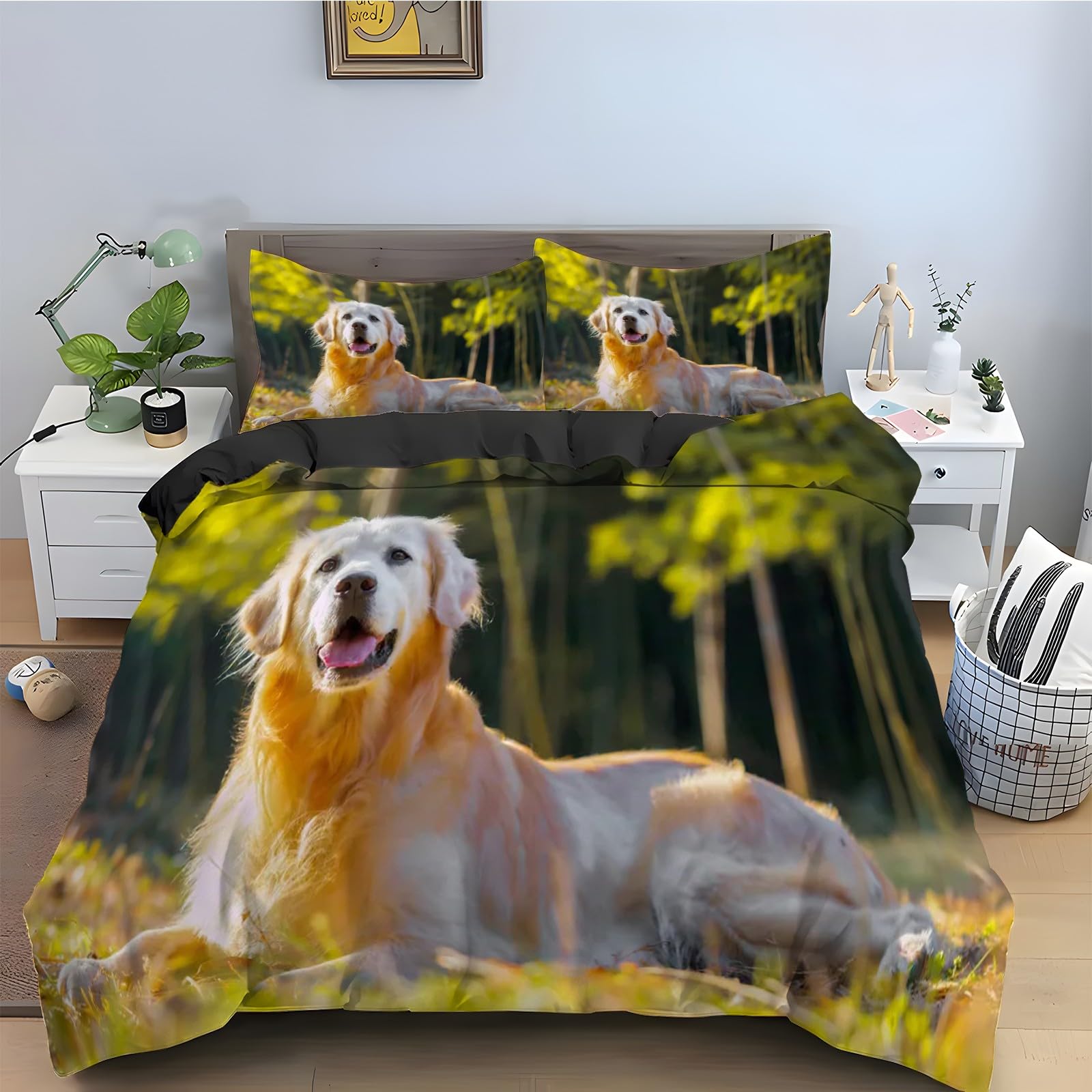Housse de couette 160x200 récuperateur d'or parure de lit animal ensemble de literie