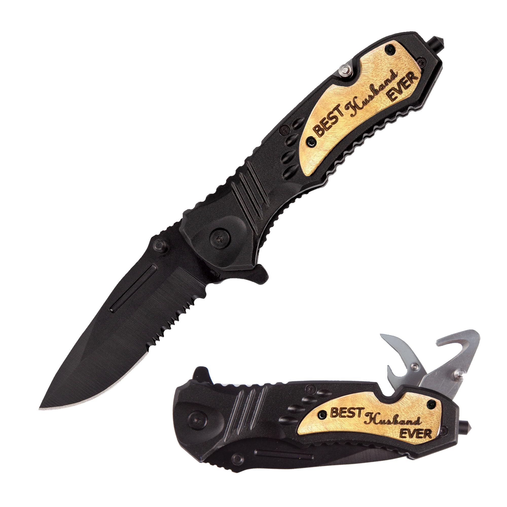 NRONON Personalized Engraved Folding Pocket Knife - Best husband Ever Gift with Black Stainless Steel Blade & Wood Handle, Quick Opening Flipper, Multitool Folding Knife for Men