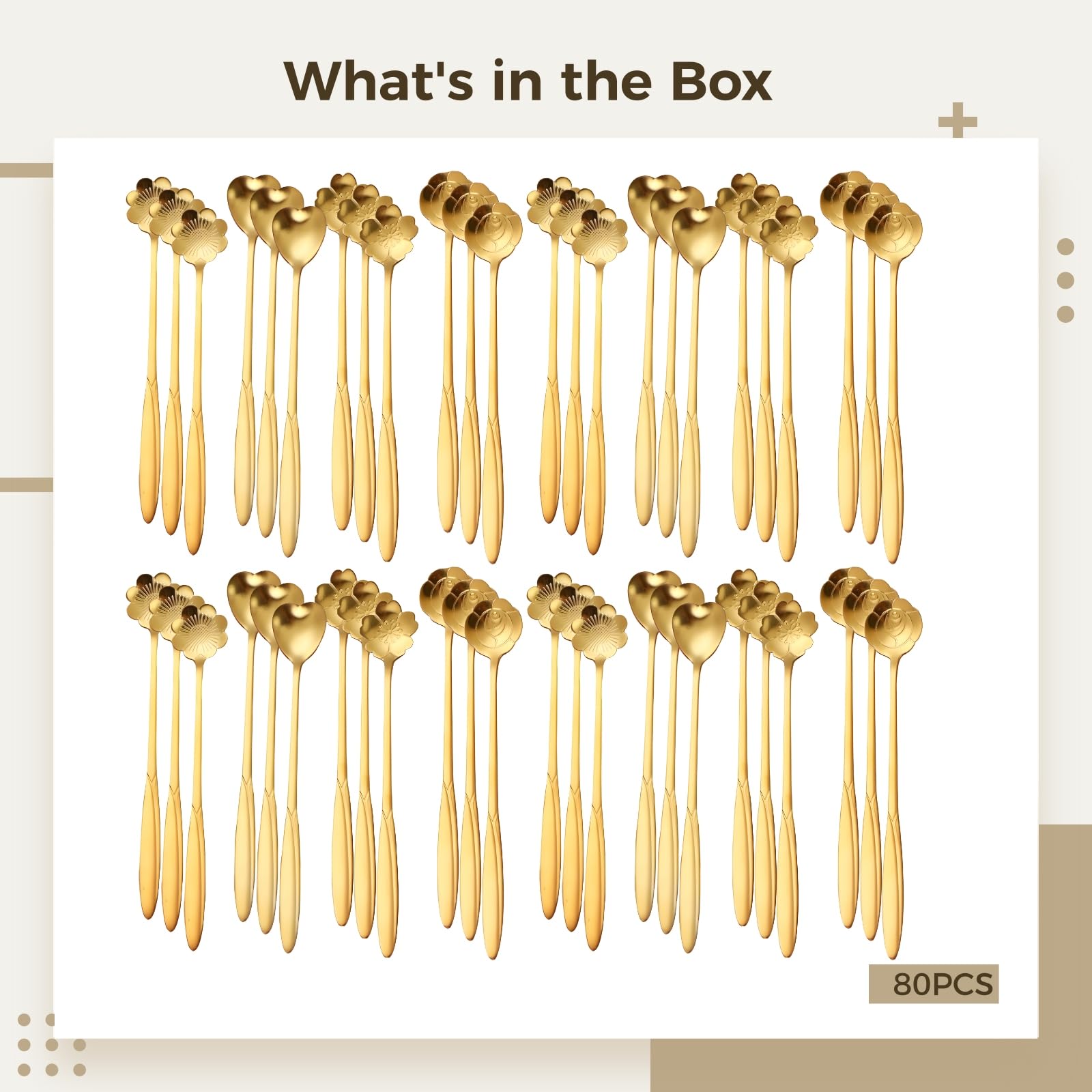 Lot de 80 cuillères à café en acier inoxydable plaqué or avec motif fleur de cerisier, quatre formes distinctes de tête de cuillère, manche court, parfait pour les desserts, le thé et les