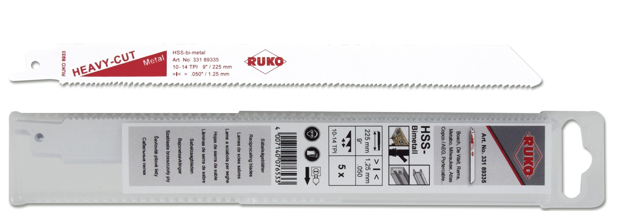 RUKO 33189335 - Pack de 5 sierras de sable bimetal con vástago universal 1/2", para metal y madera, 225 mm (Equivalencia Bosch S 1125 VF)