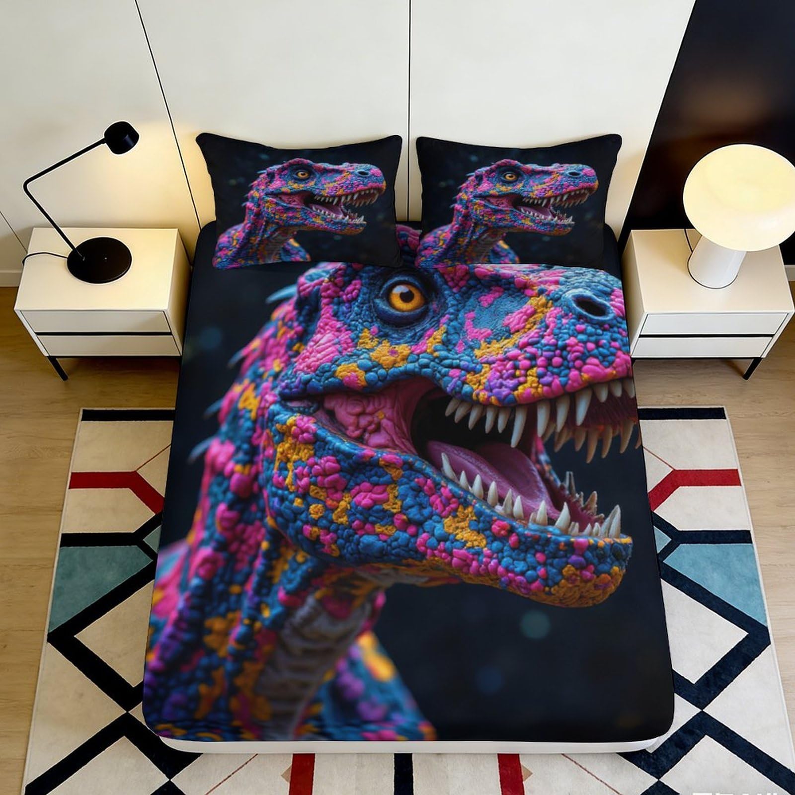 3D Printed Colorful Dinosaur Fitted Sheet Microfiber Soft Breathable Vibrant T-Rex Mattress Cover for Bedroom Decor 180x200x25cm