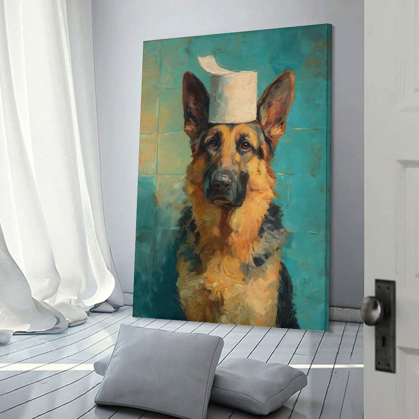 Junmoney Home Decor Wall Art German Shepherd with Toilet Paper Hat, 24x36inch(60x90cm), for New Homes, Bedrooms Or Workspaces, Home Decor Gift with Stylish Appeal