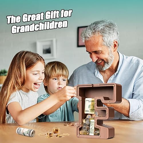 Miniatura 223 de SummiDate Alcancía de madera con nombre, niños y niñas, tamaño grande, letras alfabeto A-Z, monedas y billetes, inicial en cubierta transparente