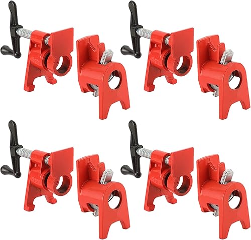 Juego de abrazaderas para tuberías de madera de 34" con diseño de pie único rojo. Abrazaderas de barra resistentes de hierro fundido de liberación