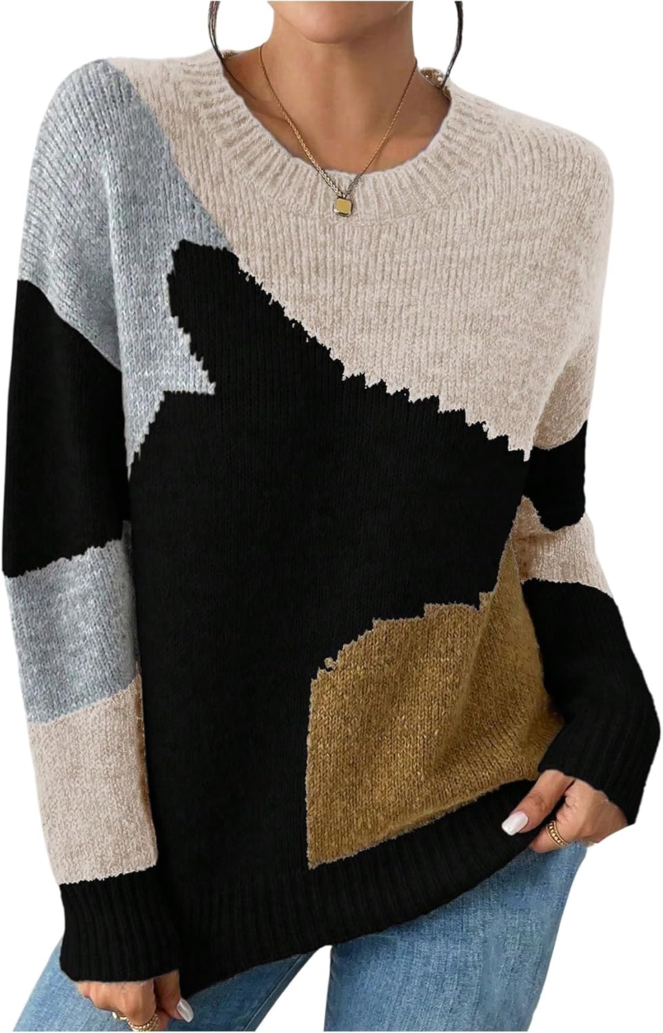Verdusa Women's Color Block Cozy Sweaters Long Sleeve Crew Neck Knit Pullovers Fall Tops