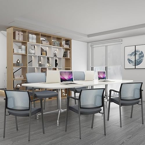 Miniatura 62 de CLATINA Silla de sala de espera negra con ruedas y respaldo de malla apilable con asiento de tela tapizado y soporte lumbar ergonómico para oficina